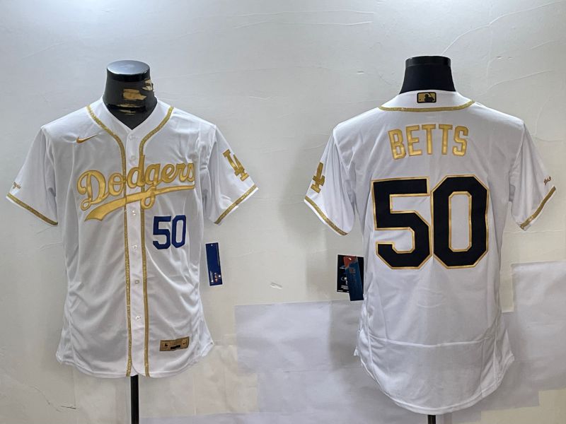 Men Los Angeles Dodgers 50 Betts White Gold Elite 2024 Nike MLB Jersey style 4